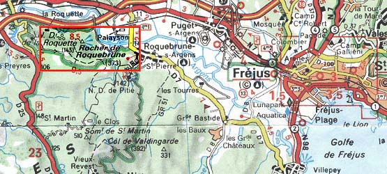 Umgebungskarte vom Rocher Rouge mit Roquebrune und Frejus