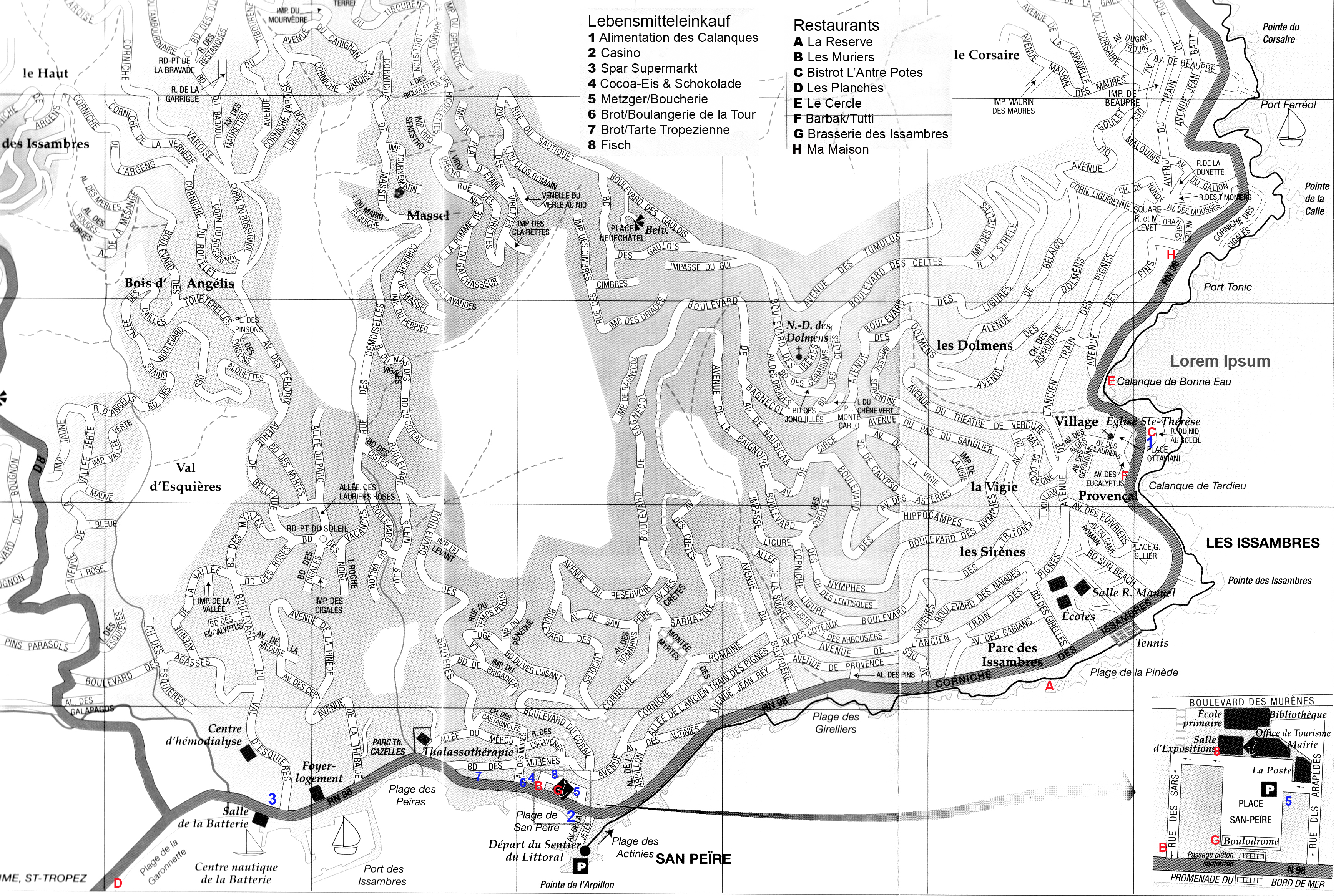 Ortsplan von Les Issambres am Mittelmeer in Südfrankreich