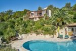 Blick auf heizbaren Pool, den Garten und das Haus Lorelyn an der Cote d Azur in Südfrankreich